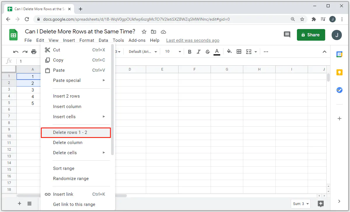 Какой ярлык используется для удаления строки в Google Sheets?