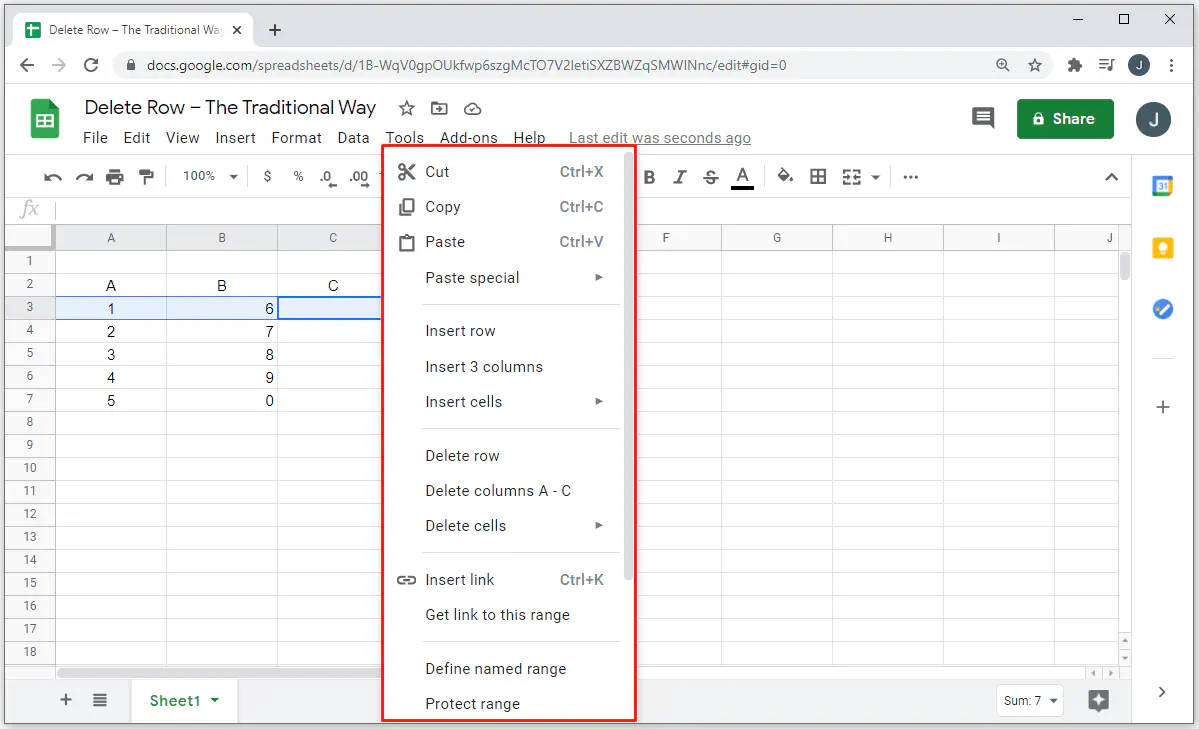 Какой ярлык используется для удаления строки в Google Sheets?