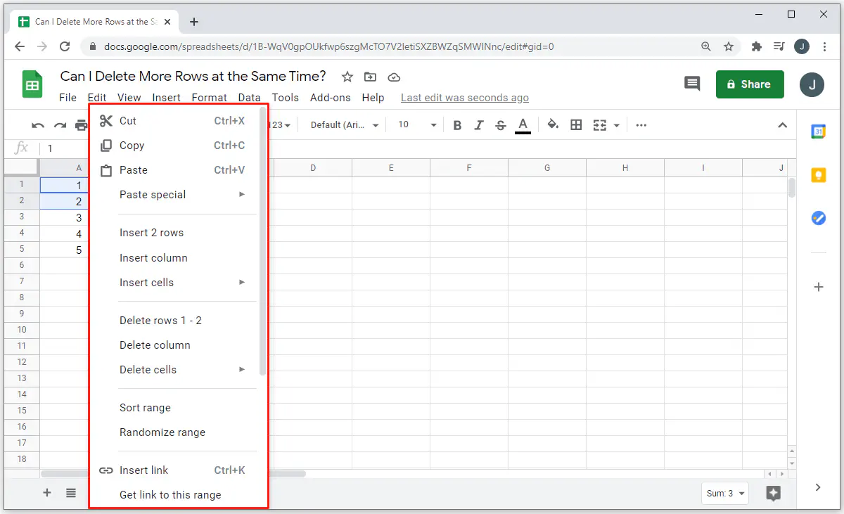 Какой ярлык используется для удаления строки в Google Sheets?