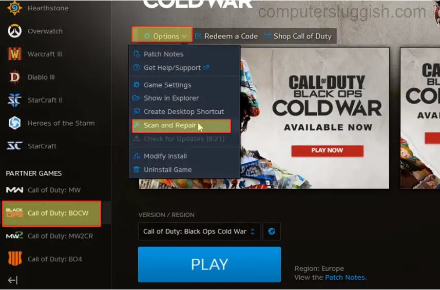 Устранение большинства проблем в Call Of Duty Black Ops Cold War на ПК с помощью Scan Repair