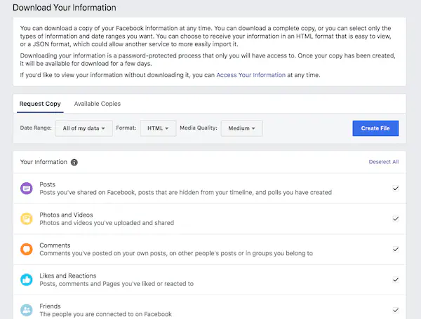 Как создать резервную копию данных Facebook или архивировать действия Facebook