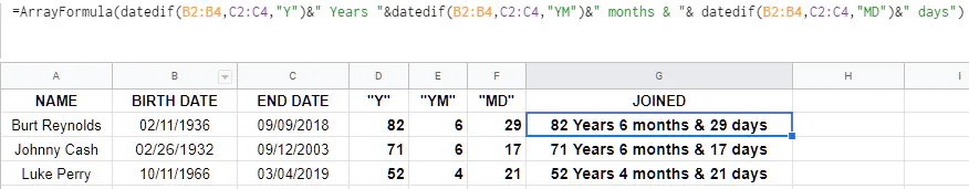 Как рассчитать возраст в Google Sheets по дате рождения