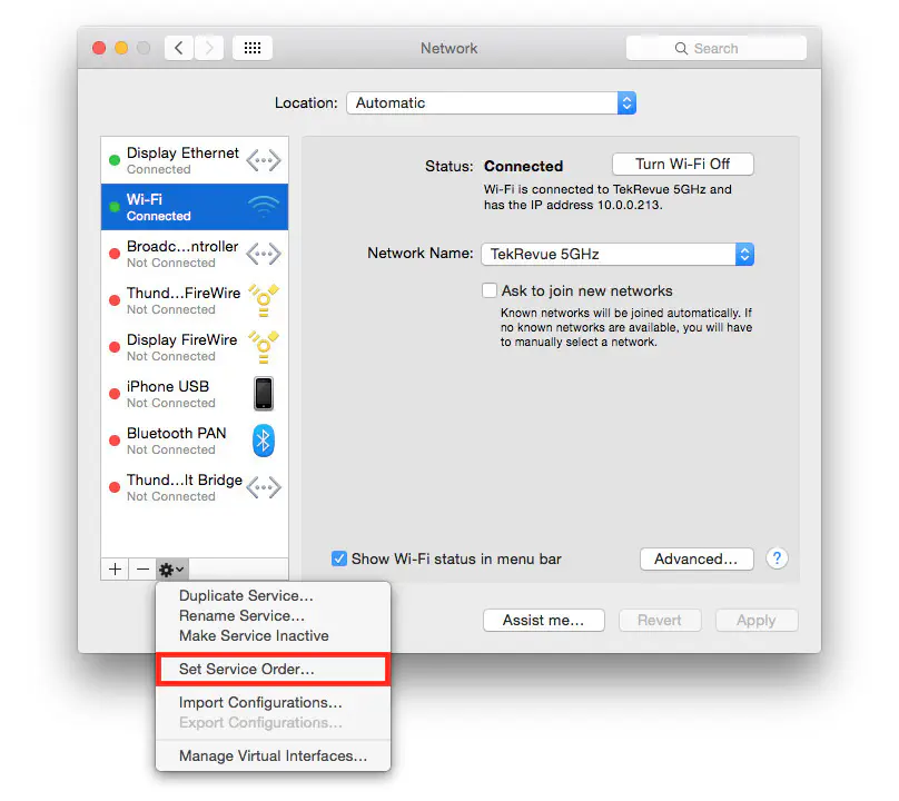Как установить приоритет нескольких сетей с помощью Interface Service Order в Mac OS X