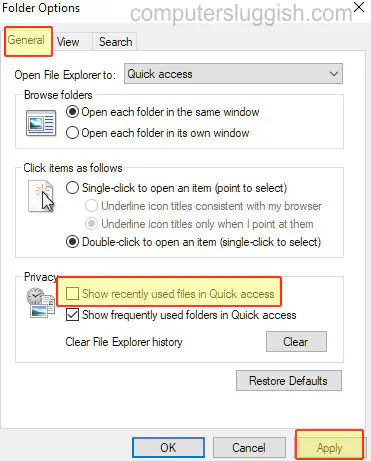Никогда не показывать недавно открытые файлы в быстром доступе в Windows 10