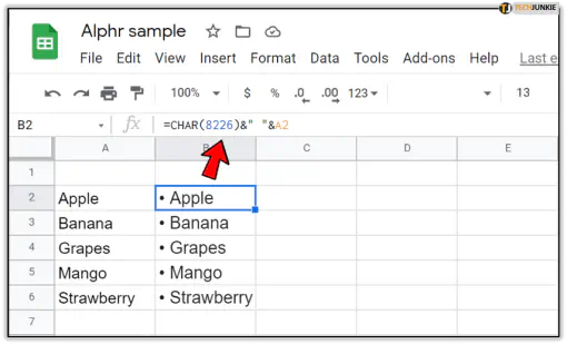 Как добавить маркированные точки в Google Sheets