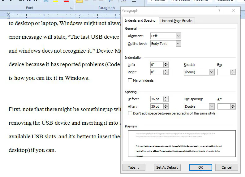 Как сделать двойной пробел в Microsoft Office