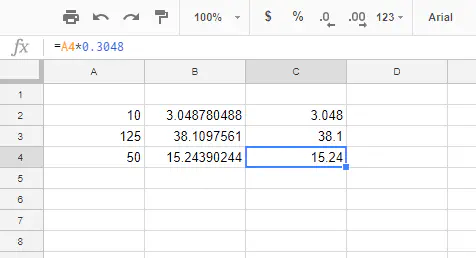 Как перевести футы в метры в Google Sheets