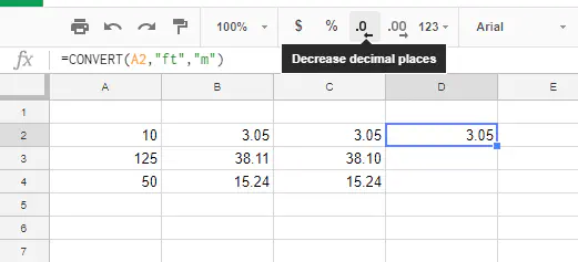 Как перевести футы в метры в Google Sheets