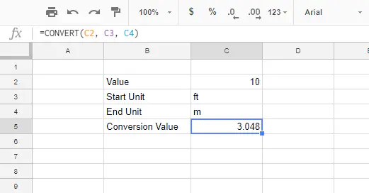 Как перевести футы в метры в Google Sheets