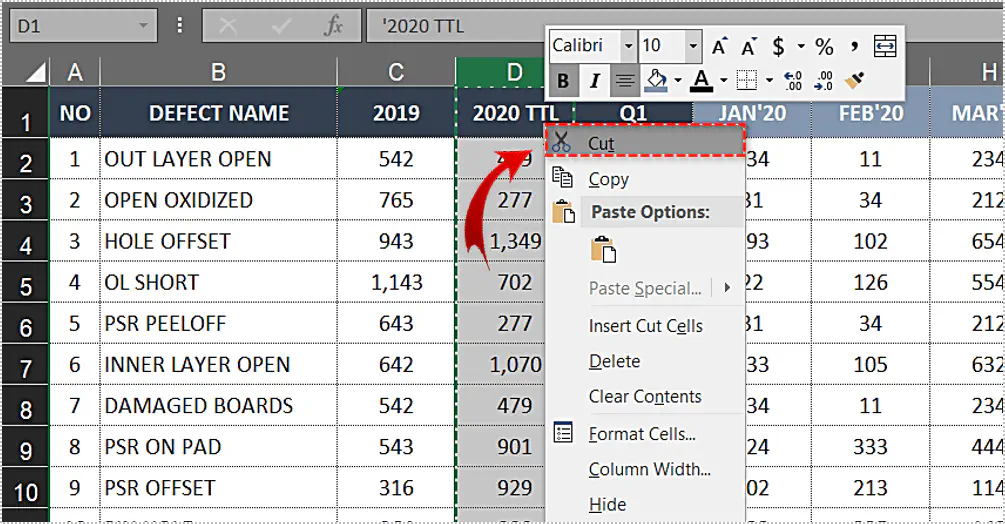 Как переместить столбец в Excel