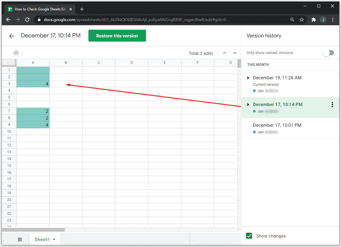 Как проверить историю редактирования в Google Sheets