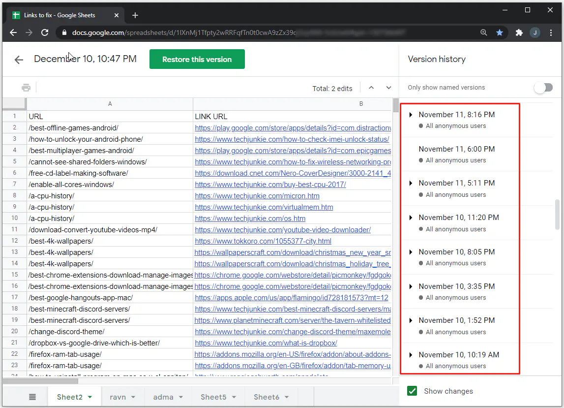 Как проверить историю редактирования в Google Sheets