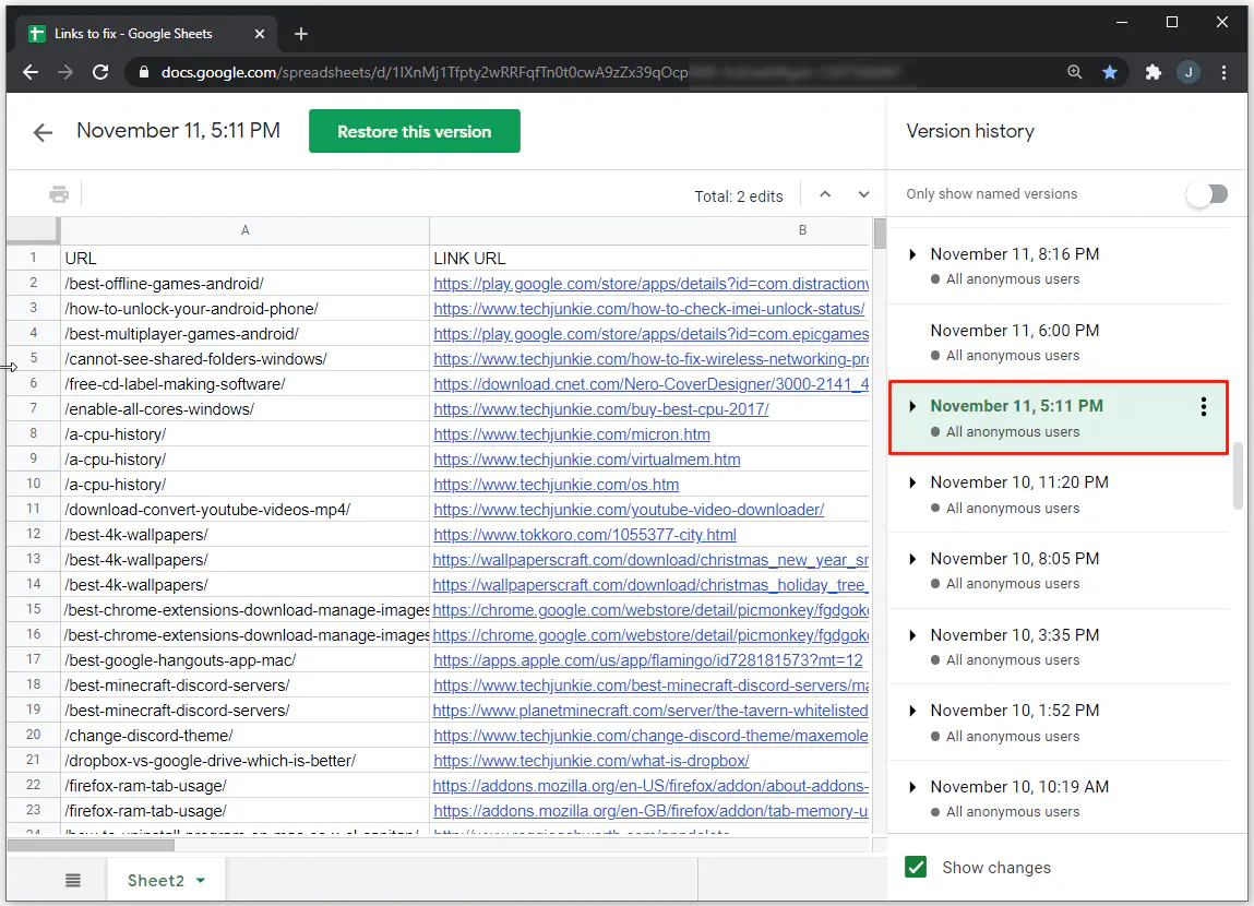 Как проверить историю редактирования в Google Sheets