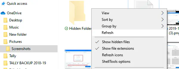 Показать скрытые файлы, папки и расширение файла с помощью щелчка правой кнопкой мыши