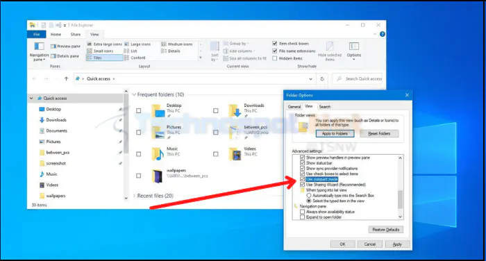 Включение или отключение компактного режима в проводнике файлов (Windows)