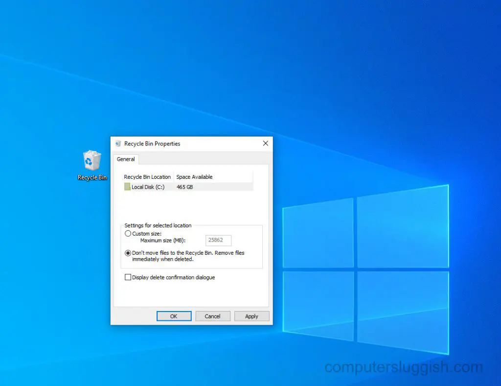Остановить перемещение удаленных файлов в корзину Windows 10 Учебник по ПК