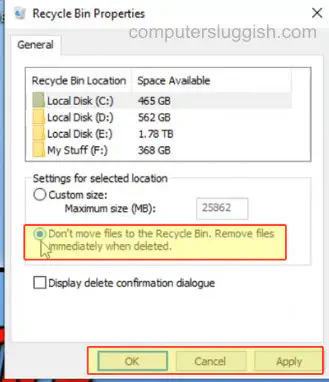 Остановить перемещение удаленных файлов в корзину Windows 10 Учебник по ПК