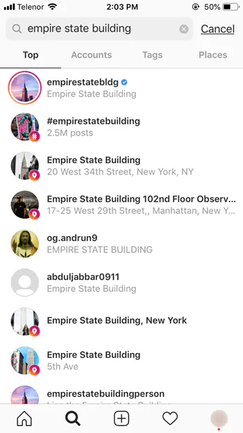 Как выполнить поиск местоположения в Instagram