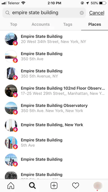 Как выполнить поиск местоположения в Instagram