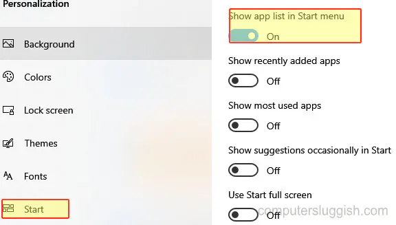 Меню Пуск в Windows 10 не показывает список установленных приложений