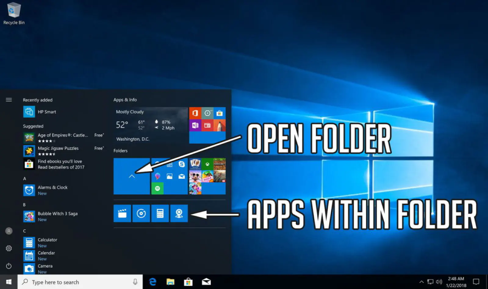Упорядочение плиток меню Пуск в Windows 10 с помощью папок