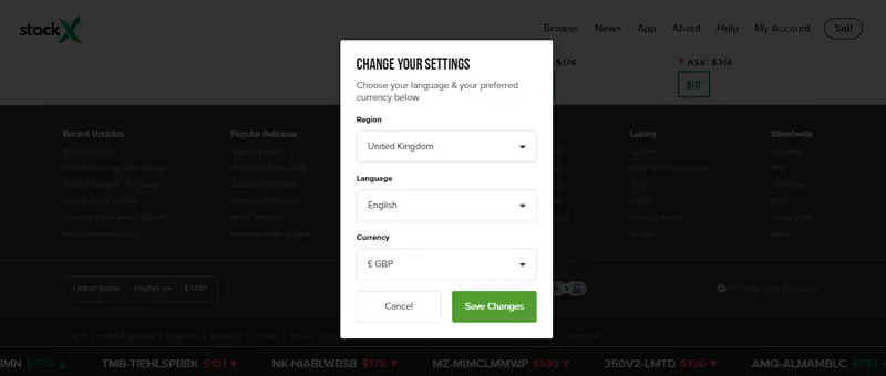 Как поменять валюту в StockX на фунты стерлингов