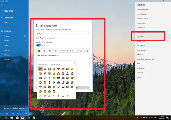 Почта Windows 10: Как добавить или изменить подпись и использовать в ней смайлики