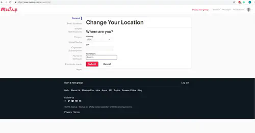 Как изменить свое местоположение в Meetup
