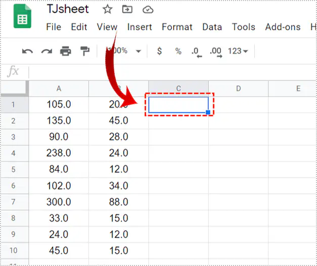 Как разделить один столбец на другой в Google Sheets