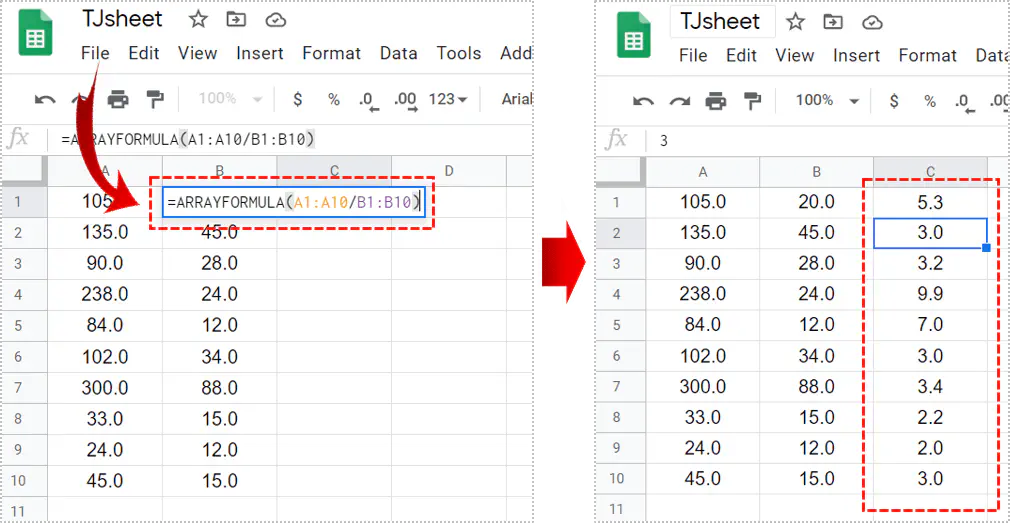 Как разделить один столбец на другой в Google Sheets