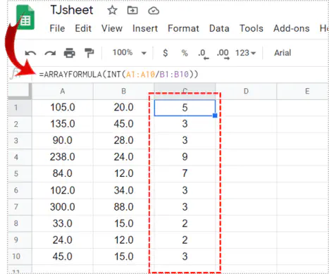 Как разделить один столбец на другой в Google Sheets