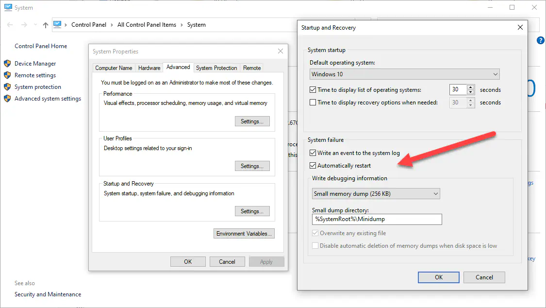 Включение или отключение функции автоперезагрузки в Windows 10 в случае сбоя системы