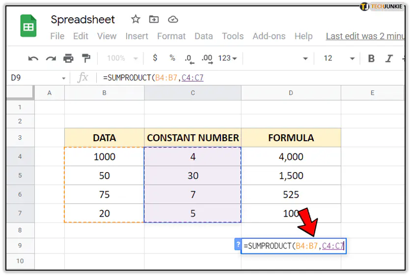 Как умножить столбец на константы в Google Sheets