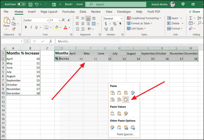 Как транспонировать или повернуть ячейки Excel (строку в столбец и наоборот)