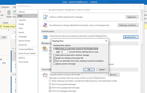 Выбор элемента для чтения сообщения в Microsoft Outlook