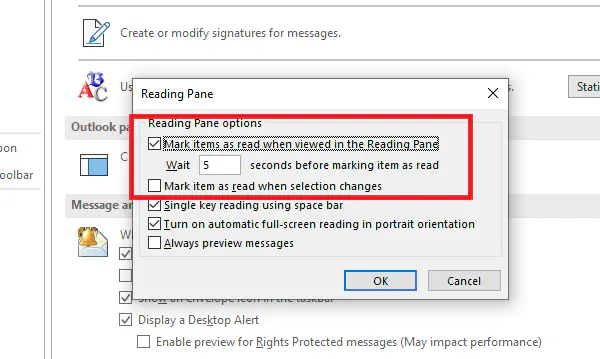 Выбор элемента для чтения сообщения в Microsoft Outlook