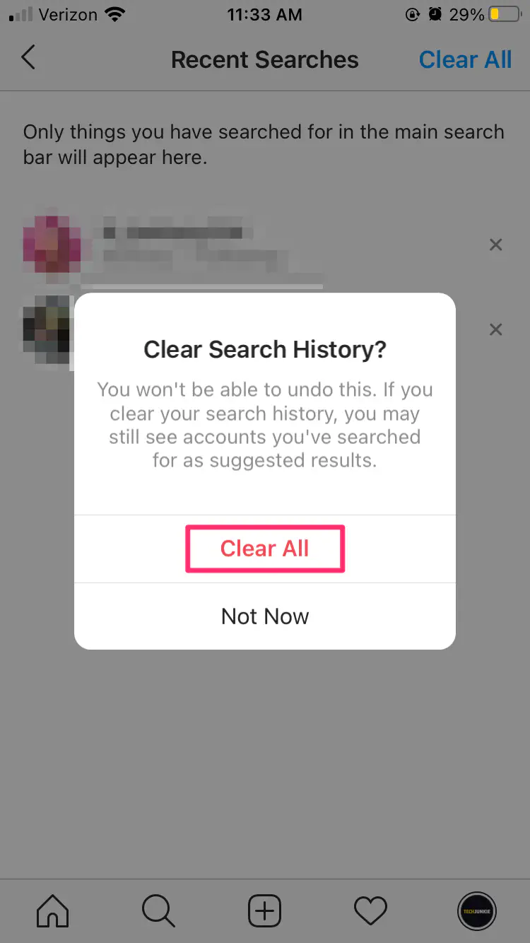 Как удалить историю поиска в Instagram