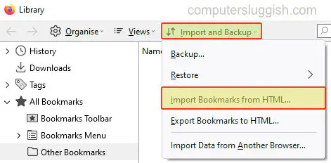 Импорт закладок в Firefox с другого компьютера в Windows 10