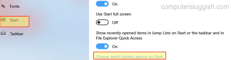 В меню Пуск Windows 10 отсутствуют папки с левой стороны