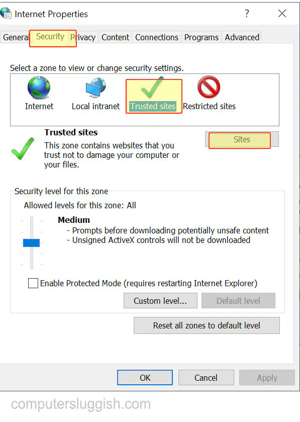 Удаление доверенного веб-сайта из Internet Explorer в Windows 10
