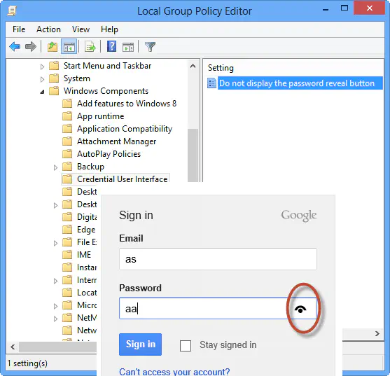 Как включить или выключить кнопку раскрытия пароля в Windows 10/8