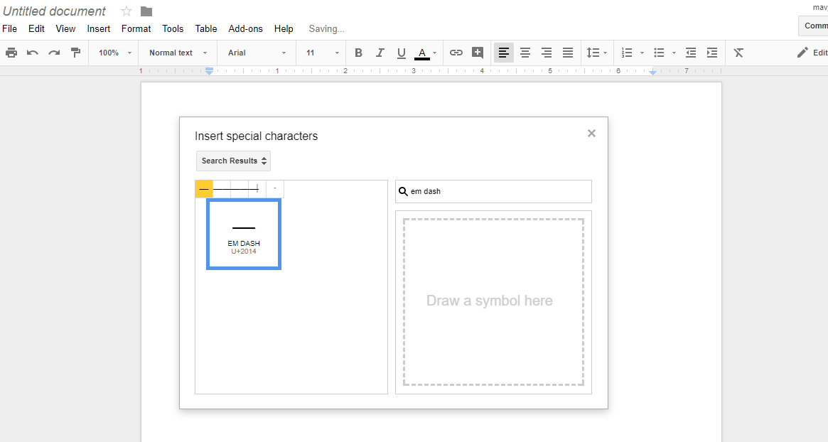 Как создать тире Em в Google Docs