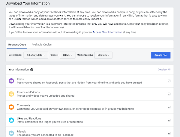 Как создать резервную копию данных Facebook или архивировать действия Facebook