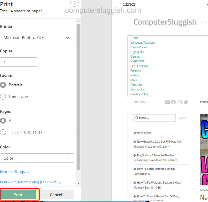 Как распечатать веб-сайт в Microsoft Edge