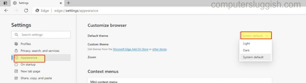 Включение/отключение темной темы в Microsoft Edge