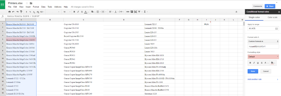 Как выделить дубликаты в Google Sheets